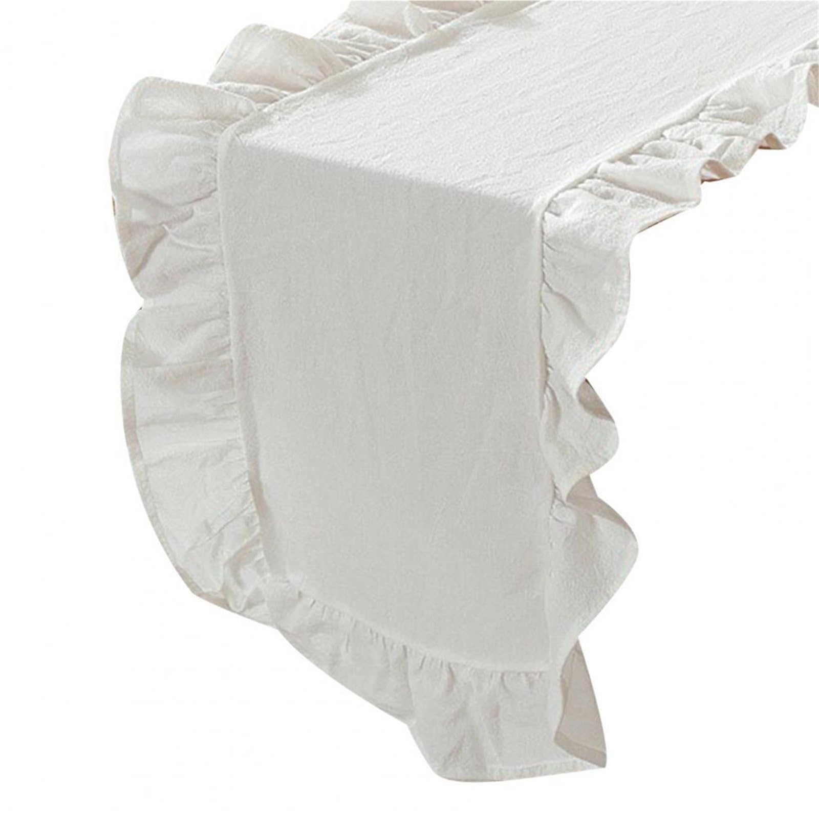 Ruffle Table Runner Dining Table Accessory Runner with Scalloped Edge Washable Rustic Farmhouse Decoration Cotton Flounces(White,35*180cm)