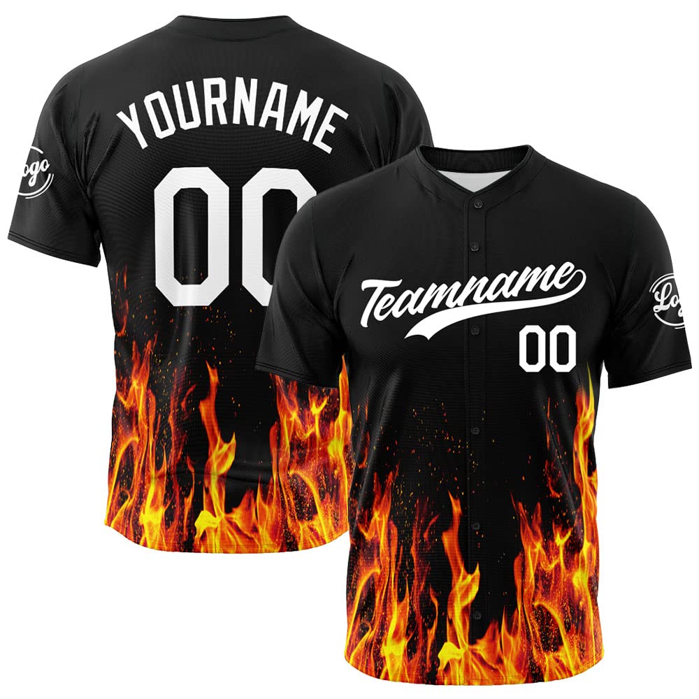 Custom Baseball Jersey Full Print Design Personalized Baseball Shirts Sports Uniform for Men Women Kids (Flame-Black)