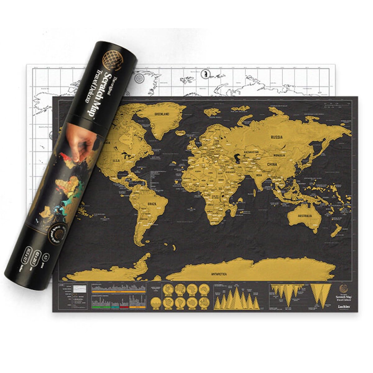 Luckies Scratch Map | Scratch Off World Map | Travel Frame | Wall Scratchable Maps | Countries Visited Maps | Rub Off Poster | Europe & US States Scratchable | Tube Included | Deluxe Travel Size