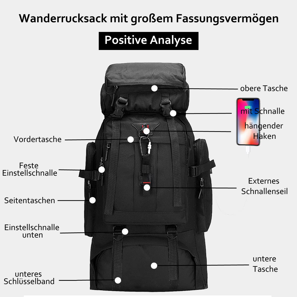 A-QMZL Sac à dos de randonnée 80L, Sacs de randonnée pour l'alpinisme, Sac de voyage imperméable pour la randonnée, le camping et le tourisme pour homme et femme, Noir , L
