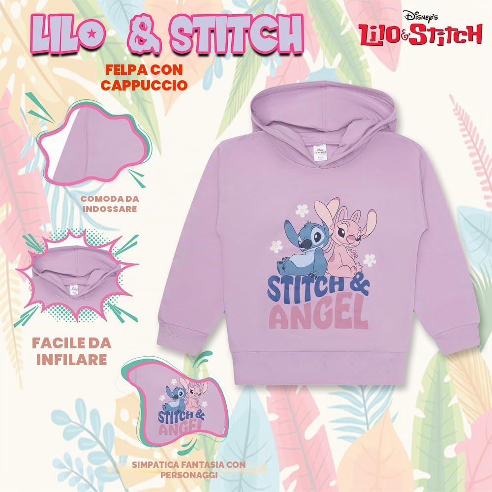 Disney Lilo & Stitch - Felpa con cappuccio da ragazza in cotone con Stitch and Angel, regalo per ragazze, dai 5 ai 12 anni