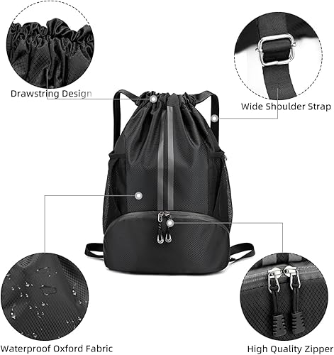 Miniatura 4 de Valleycomfy Mochila deportiva con cordón, resistente al agua, con bolsillos laterales de malla, compartimento para zapatos, mochila de gimnasio para