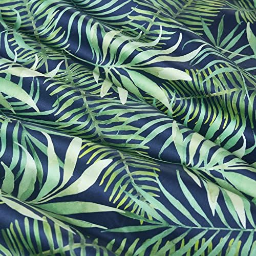 Jemiipee Floral Duvet Cover Set with Tropical Leaves Pattern, Double Size Microfiber Botanical Soft Hotel Quality Bed Bedding Sets Quilt Covers with Zipper Closure and Pillowcases - Navy Blue, Green