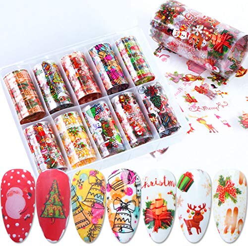 BFY Christmas Foil Nail Art Decals Nail Stickers for Women Nail Art Supplies/Accessories 10 Roll Christmas Nail Decals Snow Santa Claus Deer for Christmas Party Favor Nail Decor DIY Nail