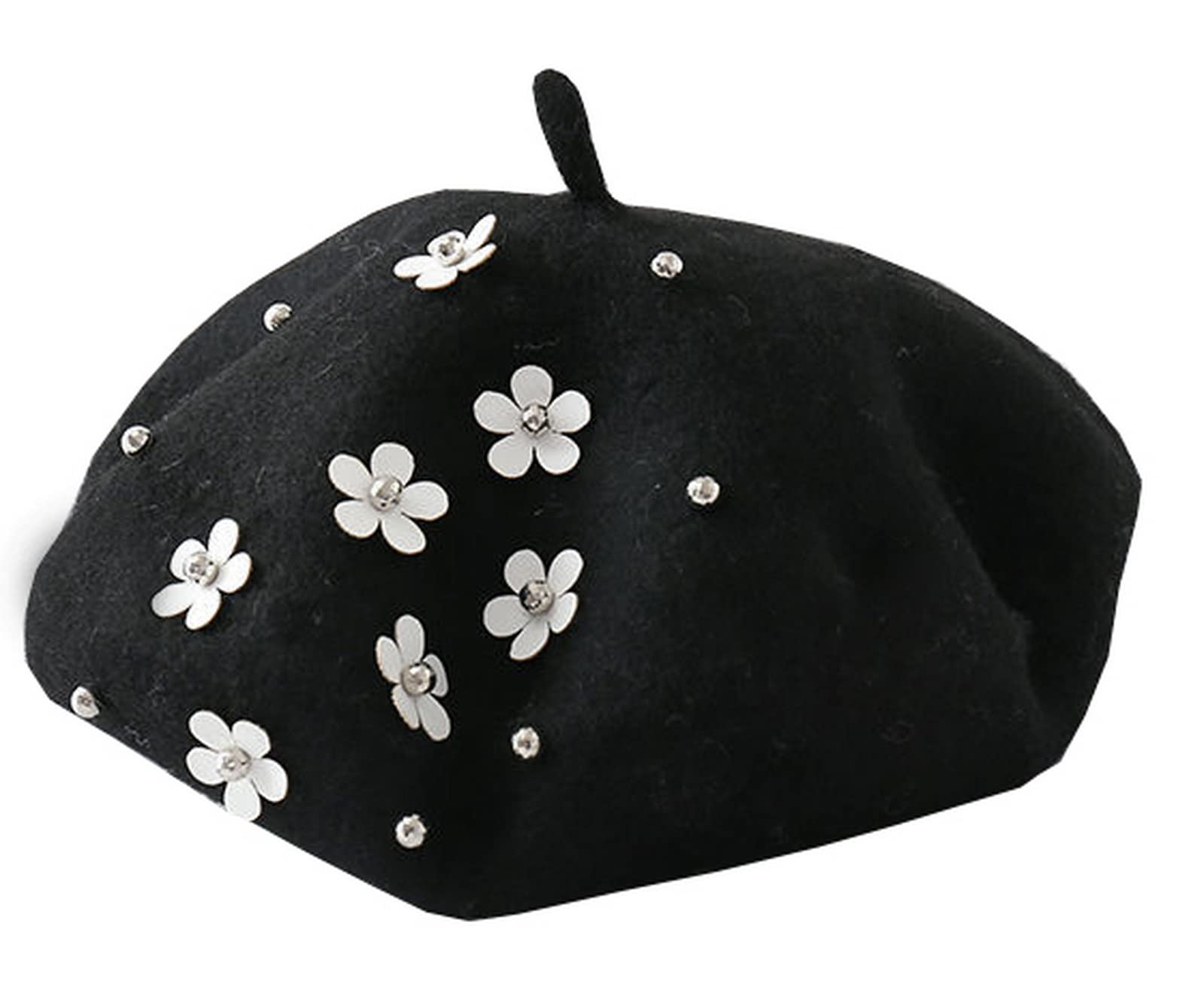 Licus Kids Girls Wool Felt Flowers Beret Hat French Artist Beanie Cap Black