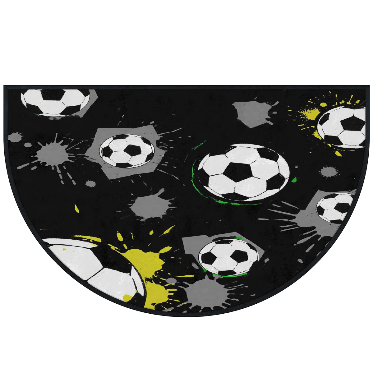 Große halbrunde Fußmatte, schwarz-weiß, Fußballbälle, rutschfest, saugfähig, halbrund, Eingangsbereich, niedlich, weich, halbrund, waschbar, Teppich für Küche, Badezimmer, Schlafzimmer, 160 x
