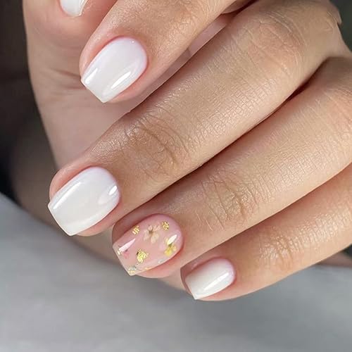 Juego de 24 uñas postizas cortas a presión color blanco a presión, diseño de lámina dorada, puntas de uñas postizas con pegamento en uñas acrílicas,