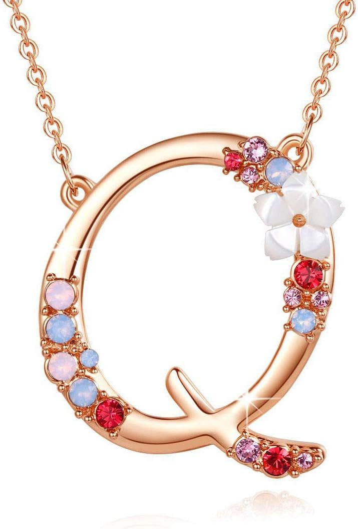 Flower Initial Letter Necklace Pink Red Blue Simulated Pearl Pendant Name Jewelry Made with Austrian Crystals Rose Gold Plated Anniversary Birthday Gifts for Women,18"+2"