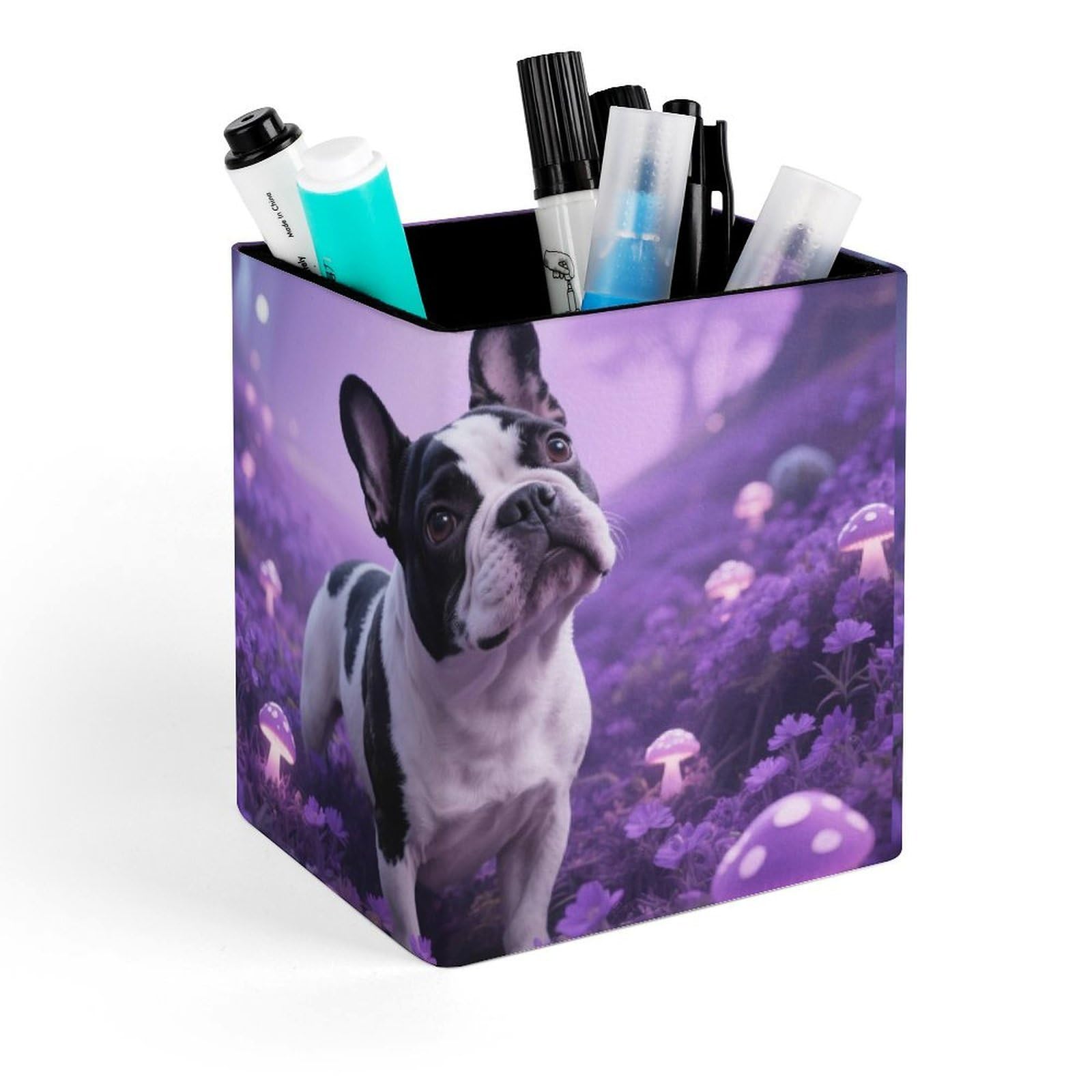 DWVTSLH Aesthetic Pen Holder for Desk - Modern Leather Pencil Holder - Stylish Square Makeup Brush Holder - Dog Mushroom Pen Cup Cute And Functional Desk Organizer for Office Supplies