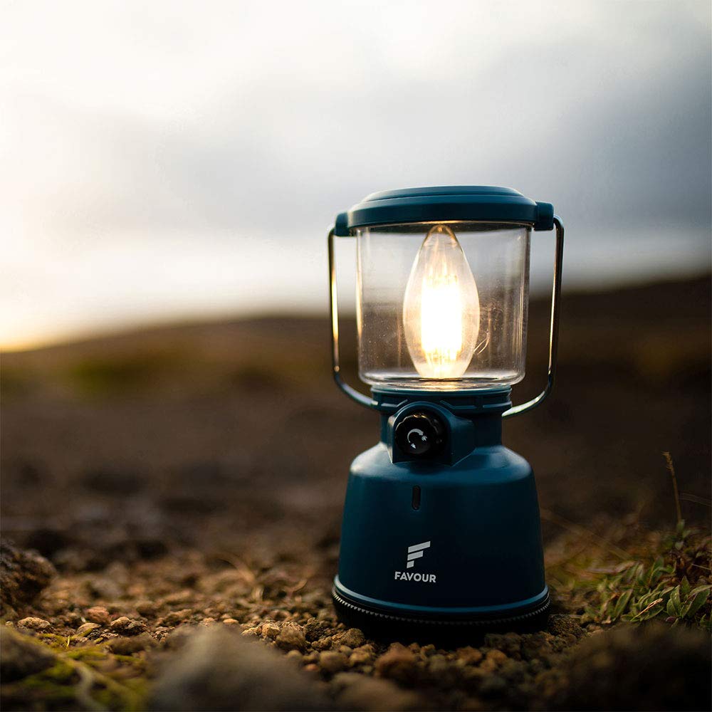 Favour Lampe LED Camping Rechargeable USB (inclus batterie), Style Retro | Lanterne exterieur 320 Lumens, Réglable en continu, Mode Éclairage Bougie, IP64 Étanche | Lampe de tente, crochet intégré