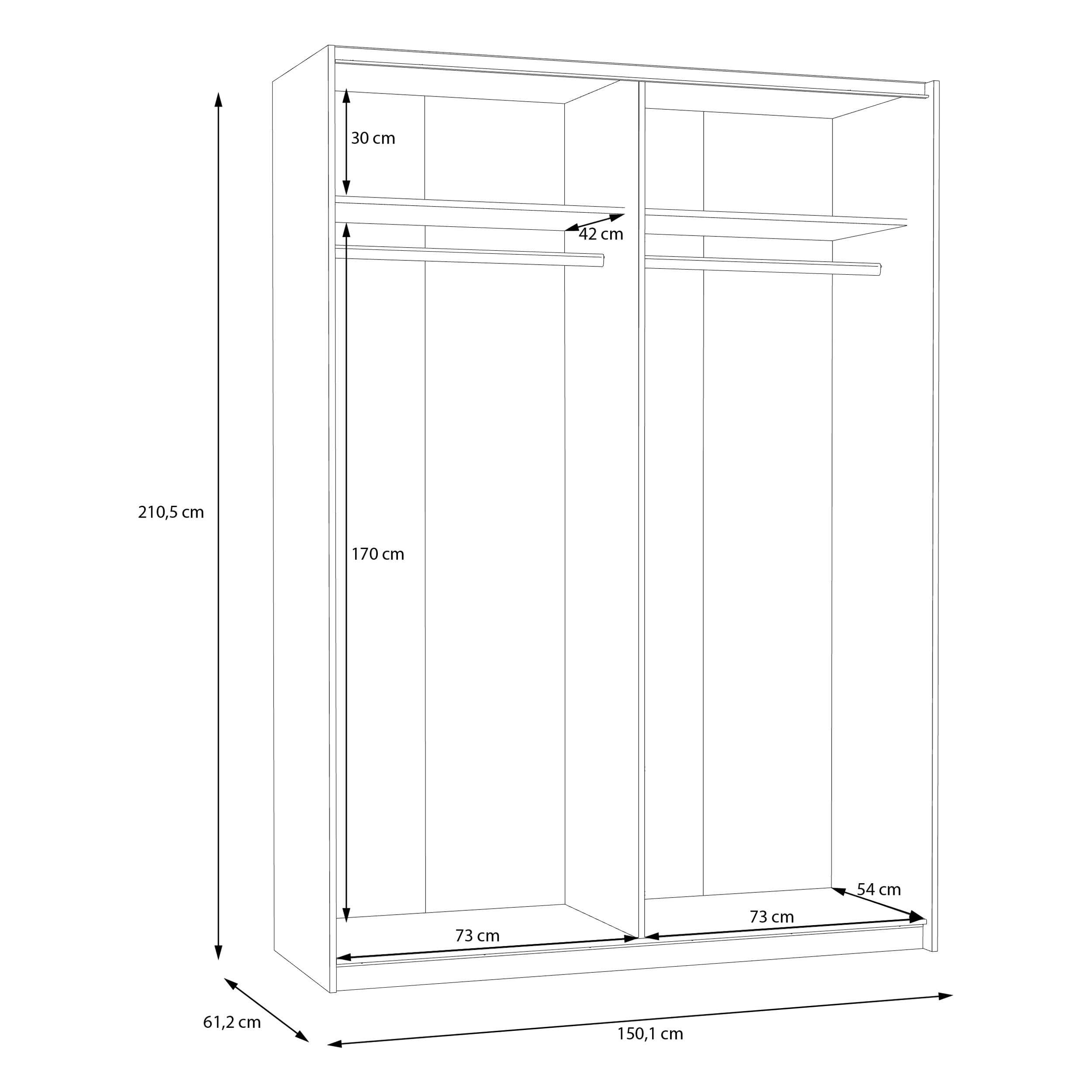 Forte Schach & MATT 2 Kleiderschrank 150, Moderner Schwebetürenschrank mit 2 Türen, Holzwerkstoff, Weiß, 150,1 cm breit, 210,5 cm hoch, 61,2 cm tief