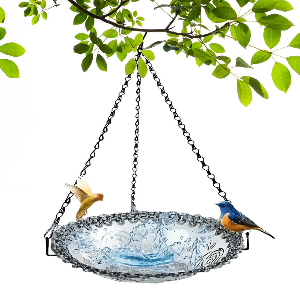 Hanging Bird Bath Outdoor Birdbath Bowl, Hanging Bird Feeder Tray with Hooks, Hangable Bird Feeder Glass, Decorative Bird Water Dispenser, Creative Wild Bird Feeder for Garden Yard Decoration (Grey)