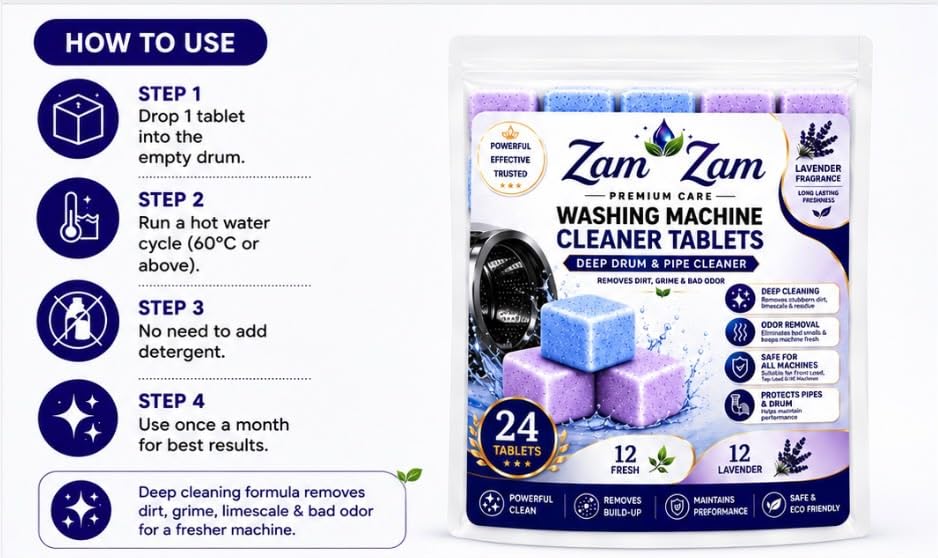 Image of Washing Machine Cleaner 24 Tablet | 12 Fresh Flavour + 12 Lavender Flavour | - Descaler for Washing Machine Front Load & Top Load | Remove Limescale & Soap Scum, Tough Grime
