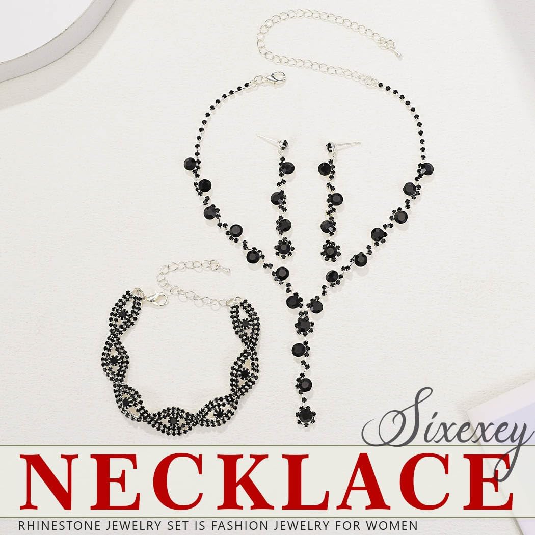 Sixexey Black Jewelry Set Rhinestone Jewelry Sparkly Prom Jewelry Necklace for Women - Image 3