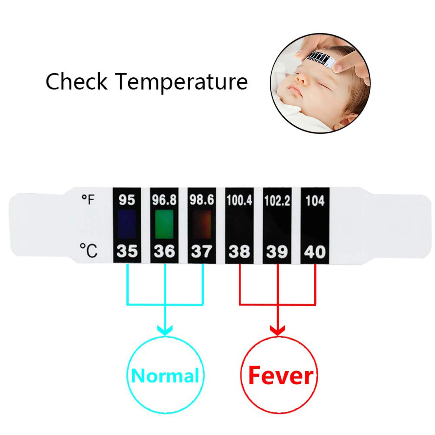 Reofrey 200 Piezas Tiras Termómetro Para Frente Del Bebé Leer Tiras Termómetro Frente Reutilizables Para Comprobación De La Temperatura Del Bebé Ni?o Adulto, 35 ° C (95 ° F) a 40 ° C (104 ° F) 012