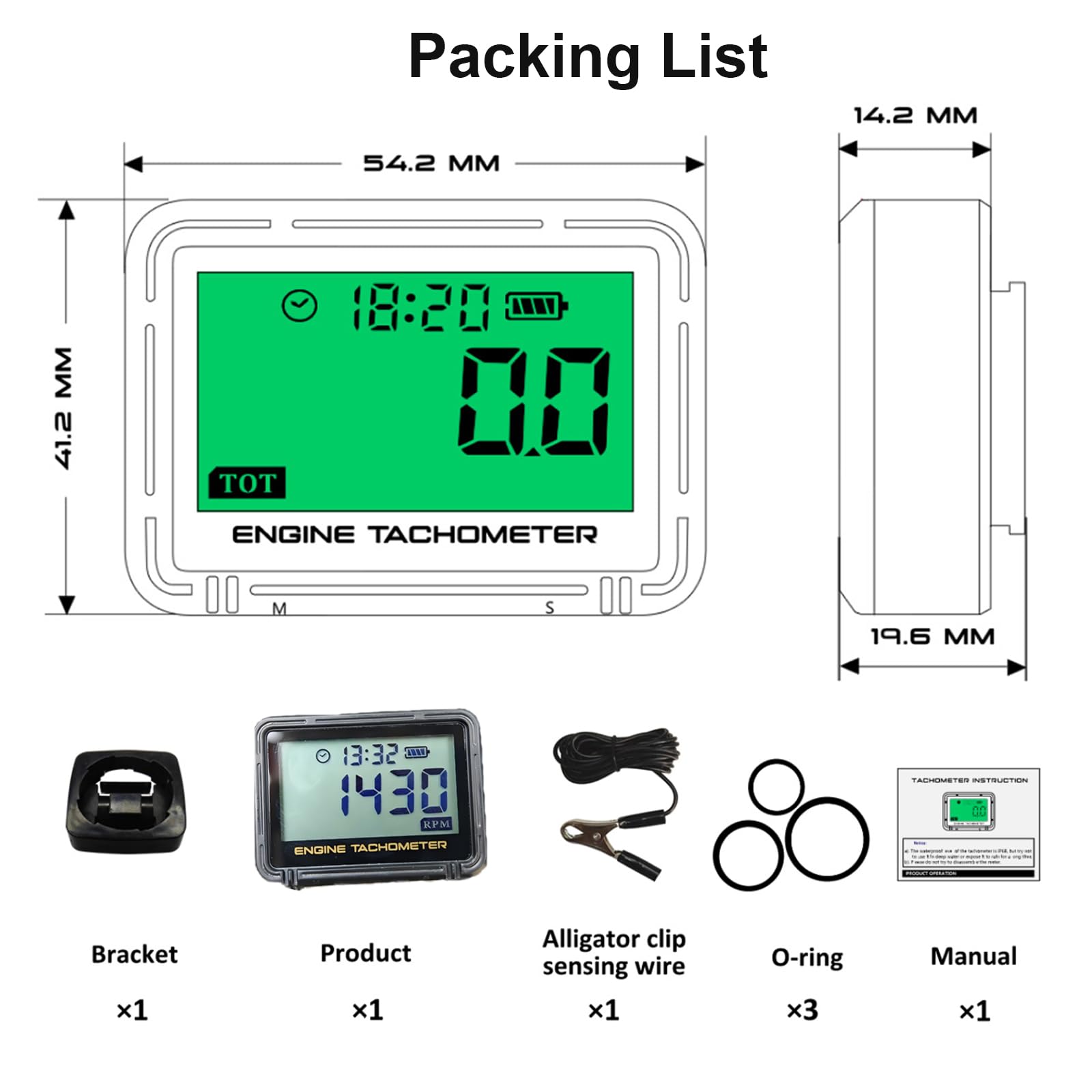 Tachymètre Numérique compte tour, Compteur de Tours LCD Haute Précision | avec Induction Sans Fil (0-18 000 tr/min) pour Moto, Tondeuse, Motoneige – Surveillance de Batterie, Fonction Maintenance