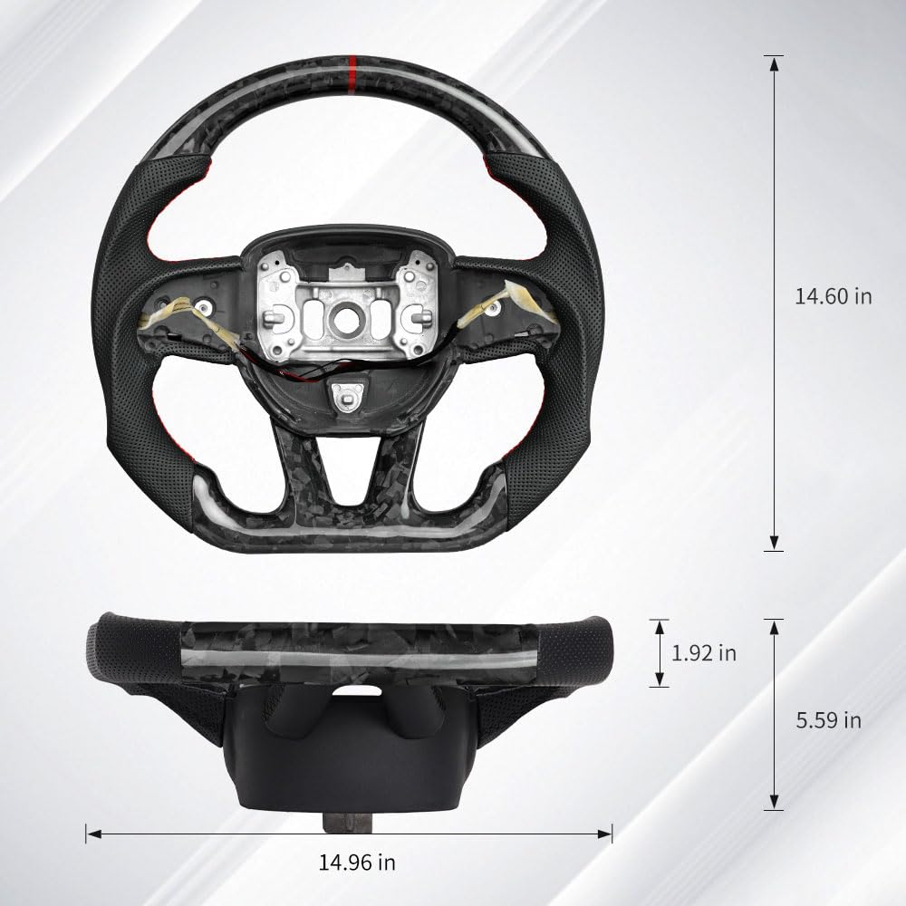 JIANGGAI D-shaped Flat-bottom Steering Wheel with Heated, Preforated Leather Grip Forged Carbon Fiber Steering Wheel Compatible with Dodge Challenger/Charger 2015-2020