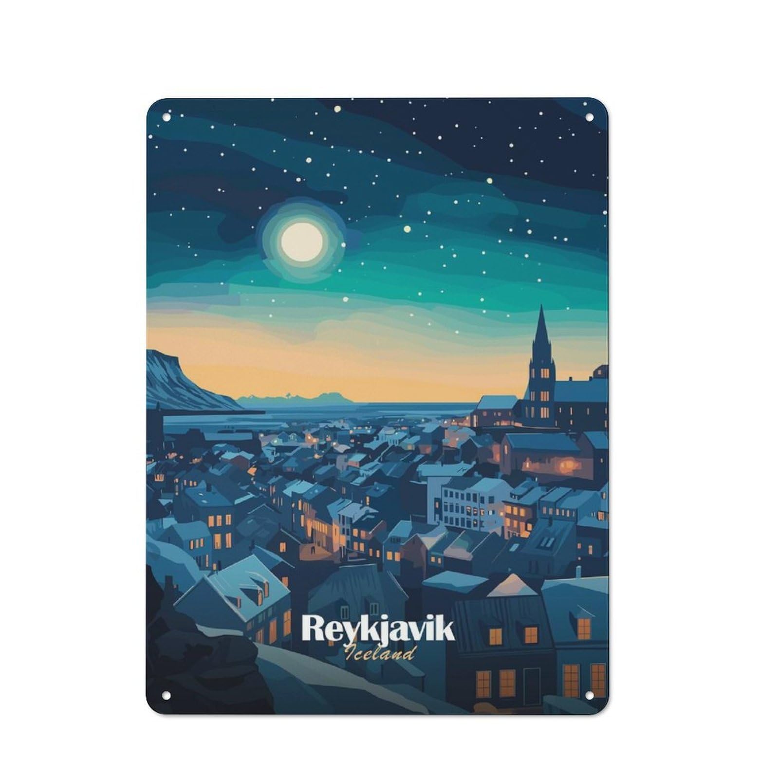 Junmoney Style-11 Barn Style Farmhouse Metal Sign 40X30cm Featuring Reykjavik Night Cityscape, Cottage Wall Art For Kitchen, Cottage, Porch Or Garden Room