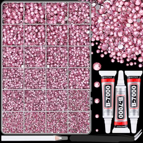 Image of 25000Pcs Resin Rhinestones with Tweezers for Crafting, Dark Pink 2-6mm Mixed Sizes Bedazzling Crystal with 3Pcs 10ml B7000 Jewelry Glue for DIY Crafts Clothing Tumblers Shoes Fabric Nail Art