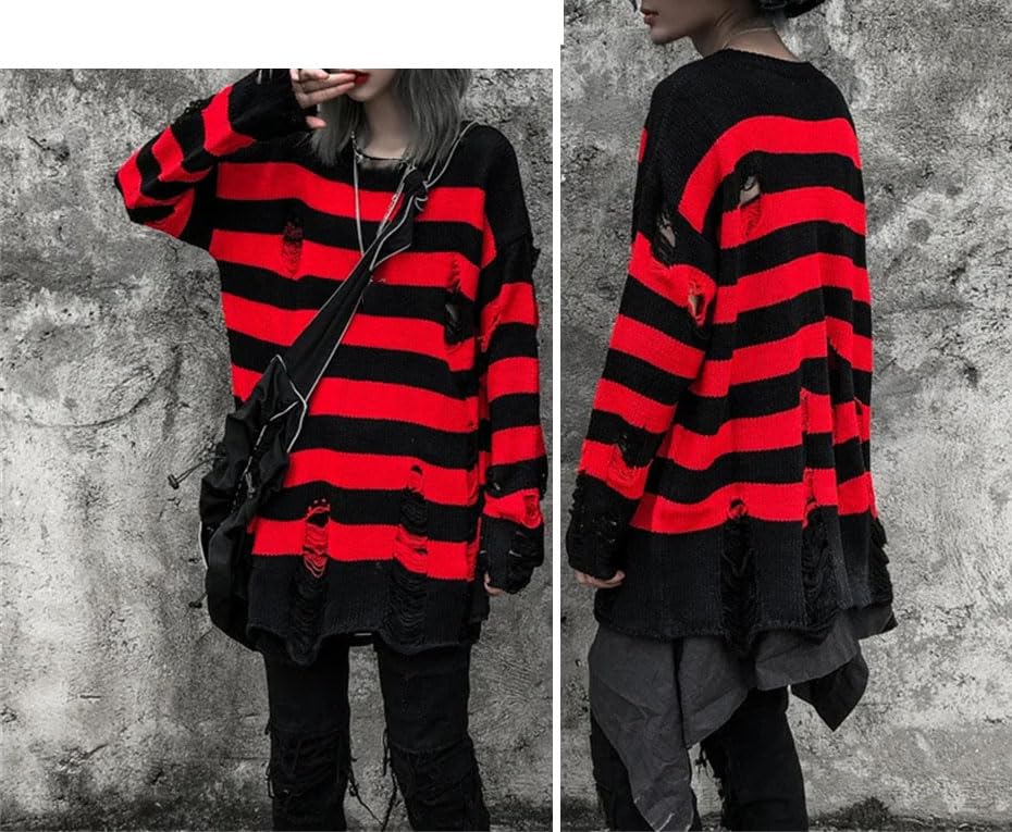 Men's Striped Punk Knit Pullover - Hollow-Out Loose Large Size Harajuku Streetwear Jumper2