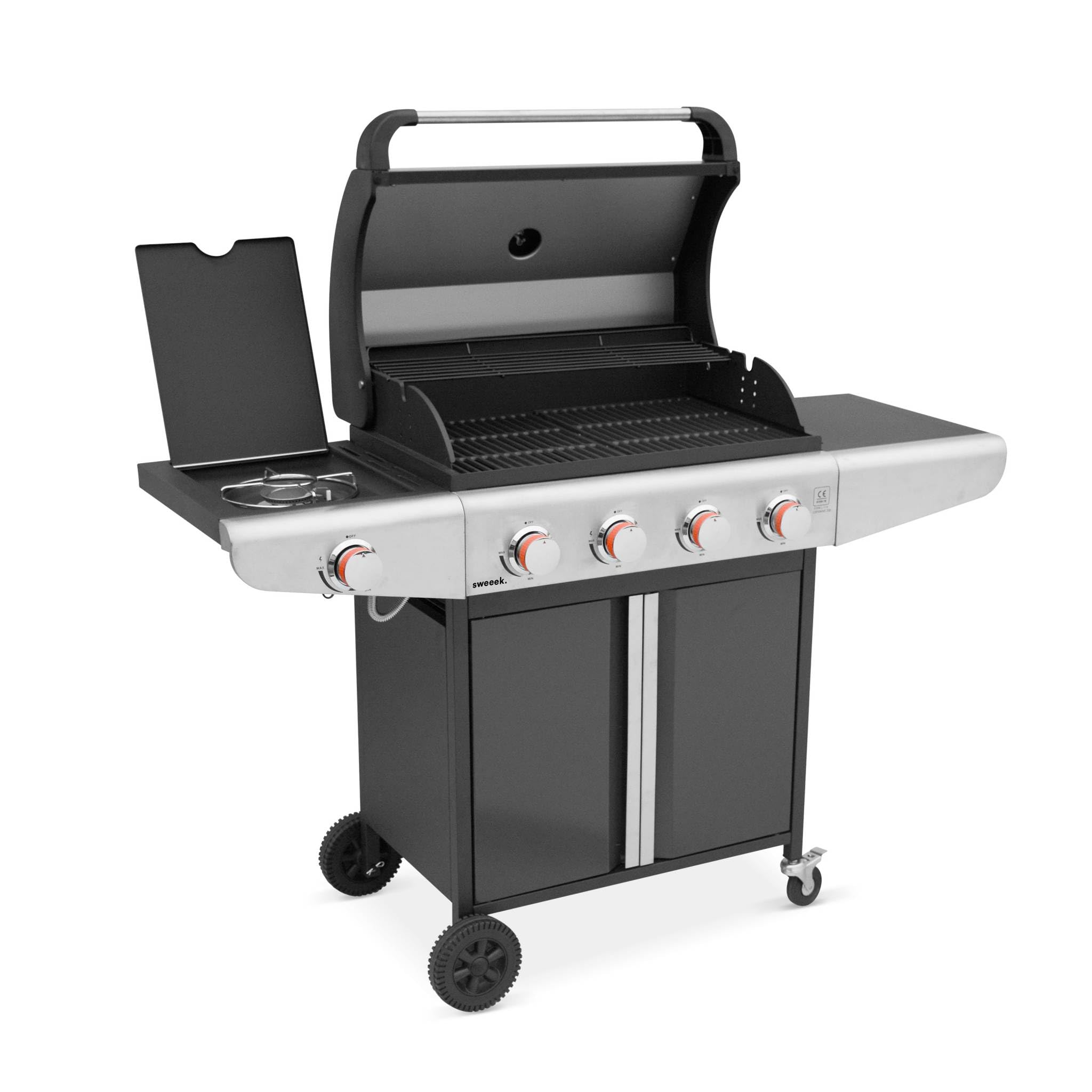 Alice's Garden - Barbecue au gaz - Bazin Gris anthracite - Cuisine extérieure 5 brûleurs dont 1 feu latéral avec tablettes et thermomètre. rangement. roues