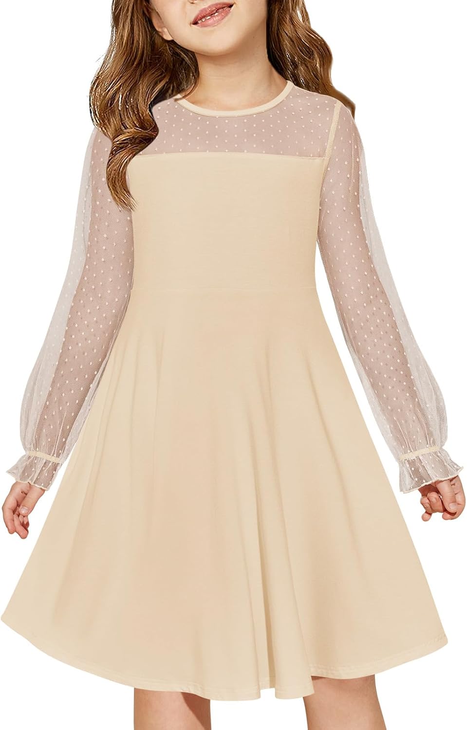 Haloumoning Girls Contrast Mesh Long Sleeve High Waist A Line Short Dress with Pockets 4-14 Years