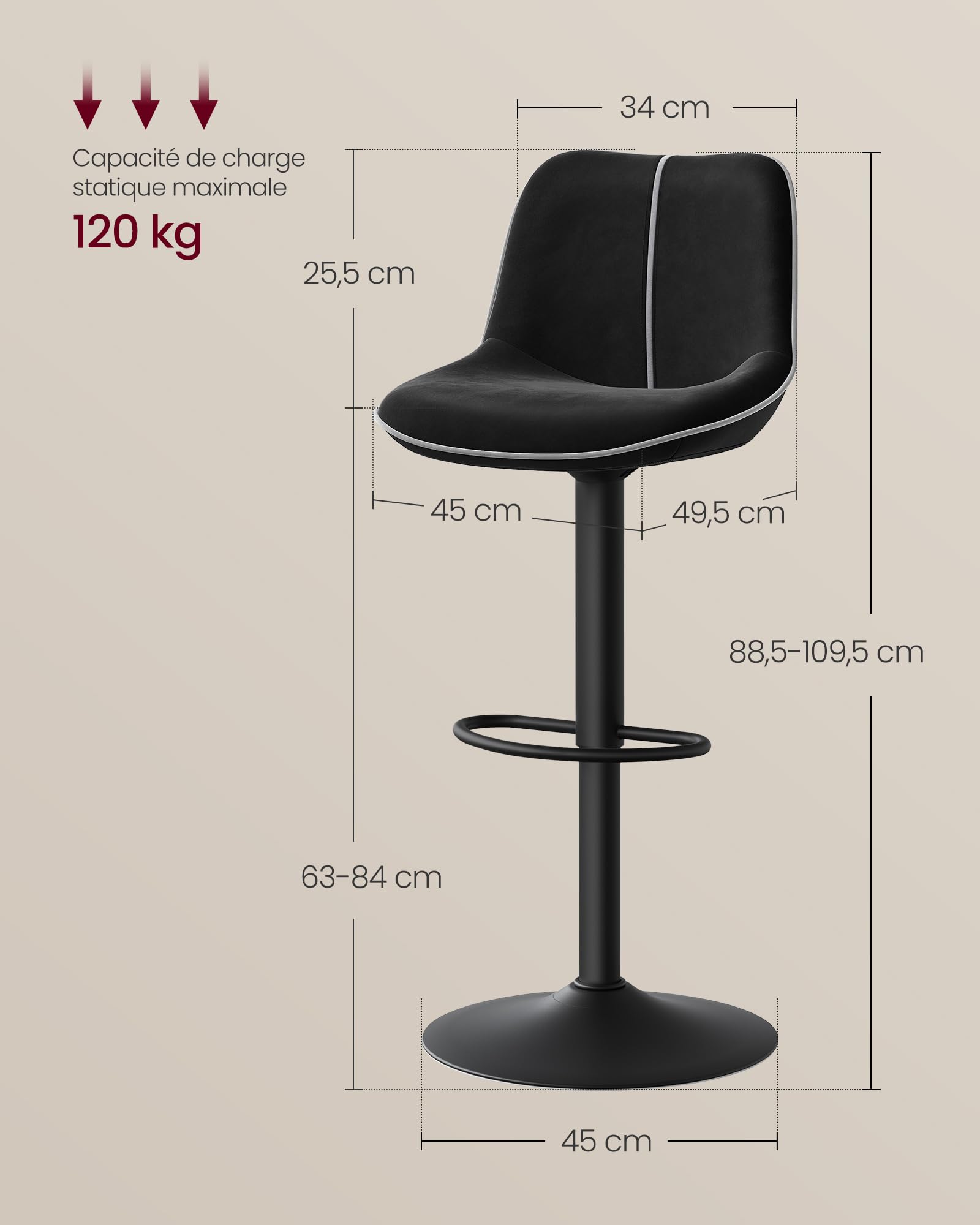 VASAGLE Lot de 2 Tabourets de Bar, Pivotants, Réglables en Hauteur, Dossier Ergonomique, Velours, Base Métallique, Modernes, pour Îlot de Cuisine, Bar, Noir d'encre LJB188B01