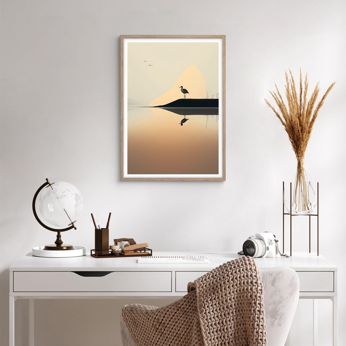 ARTTOR Poster Wandbild Kunstdruck 50x70cm Landschaften Natur - 6010 - P2N | Vogel Landschaft Minimalismus Vertikal mit hellem Eichenrahmen Wohnzimmer Schlafzimmer Küche Büro Wanddeko Kunstposter ARTTOR