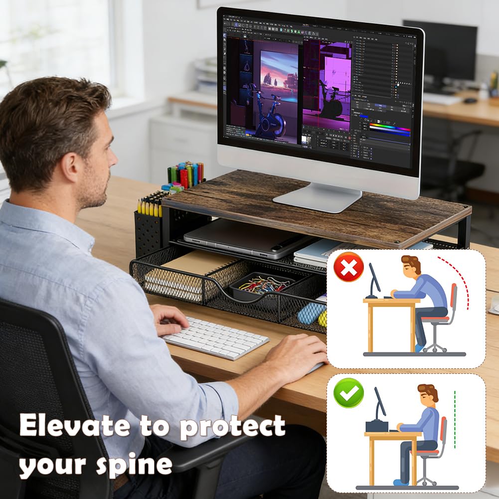Stojak na monitor z szufladą, organizer na biurko do monitora i laptopa, ergonomiczne podwyższenie monitora jako akcesoria na biurko i gadżety (czarny)