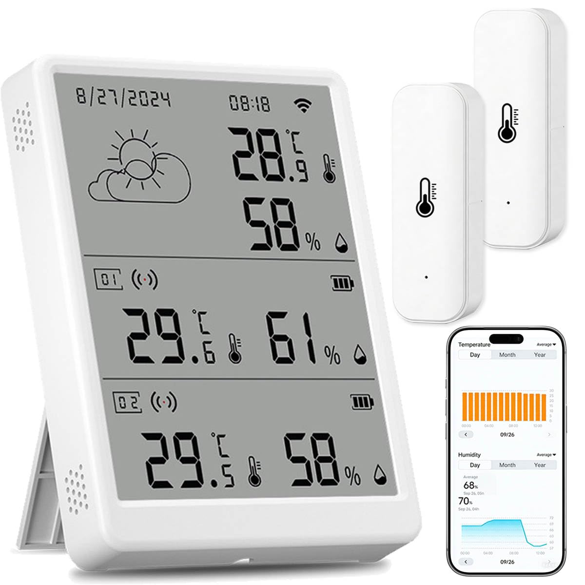 WLAN Thermometer Hygrometer Innen Außenthermometer Kabelloses Smart Thermometer Digitales Temperatur und Feuchtigkeitsmessgerät mit Automatischer Alarmfunktion 100 Meter Reichweite