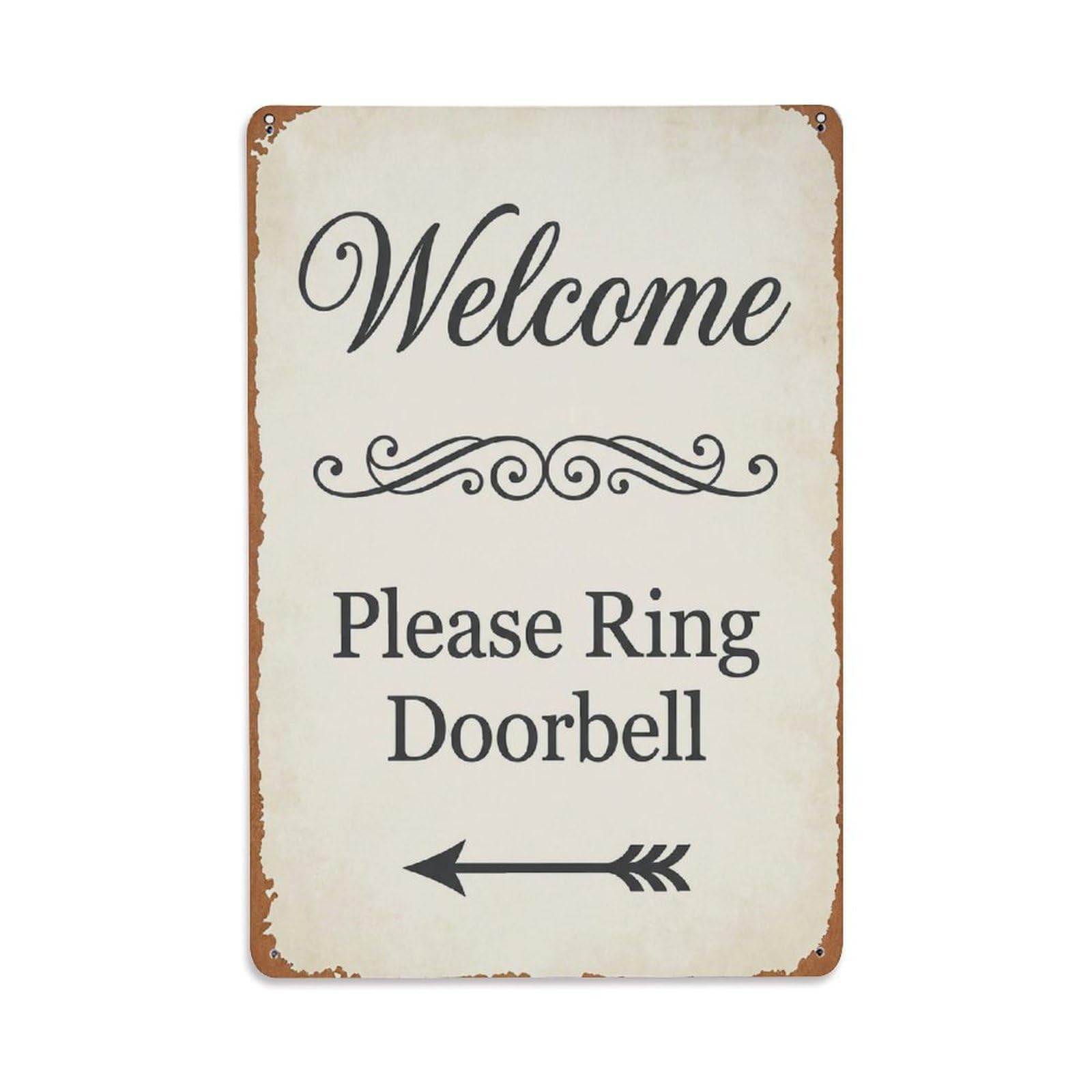 Metal Tin Sign Vintage Welcome Please Ring Doorbell Arrow Scroll