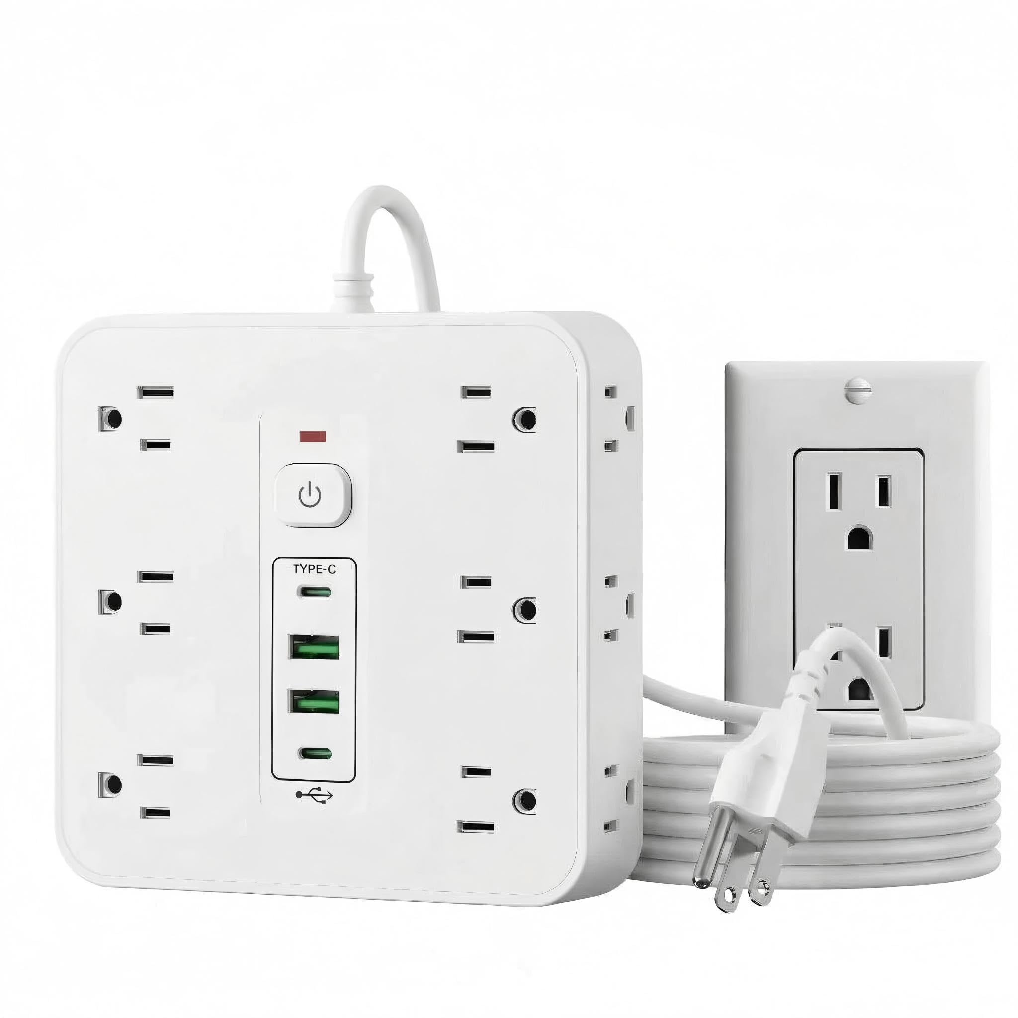 16-in-1 Surge Protector Power Strip with 12 AC Outlets, 4 USB Ports (2 USB-C & 2 USB-A) | 10A Overload Protection, Flat Plug Extension Cord for Home