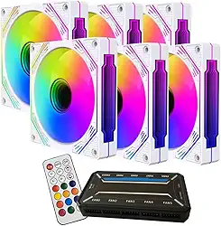 Kit 6 Fans ARGB 120mm Brancas com Controladora e Controle Remoto para PC Gamer