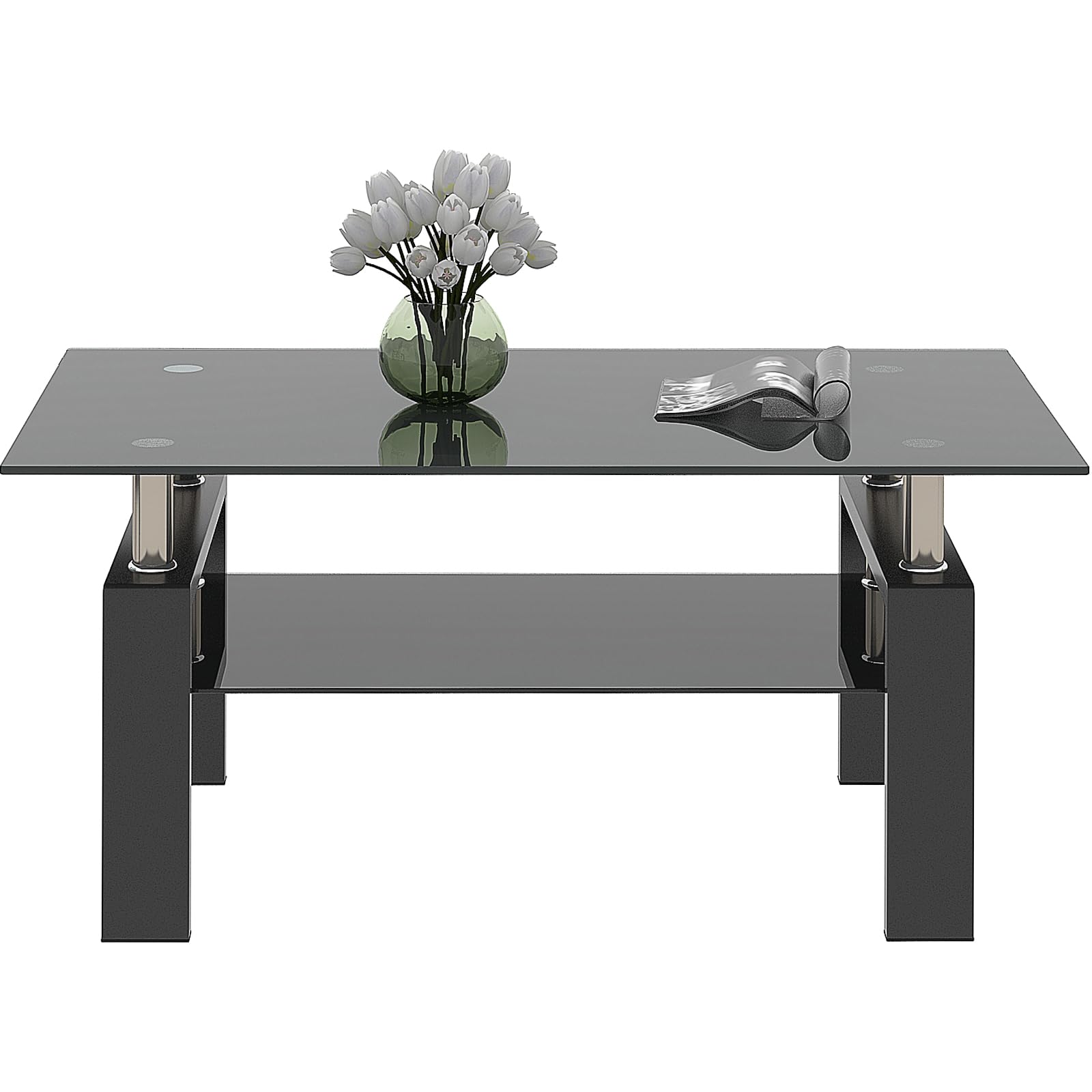Black Glass Coffee Table for Living Room Center Table Sofa Table with Black Metal Legs Black Tempered Glass