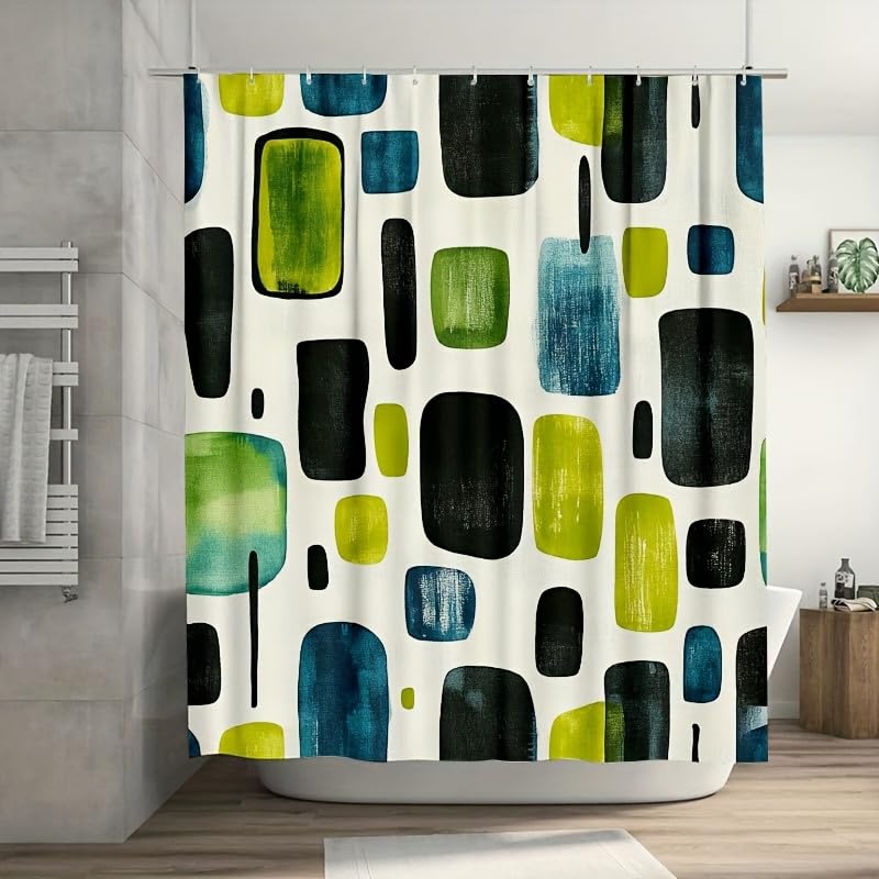 Rideau de douche abstrait milieu du siècle imperméable en tissu avec crochets 120x210cm
