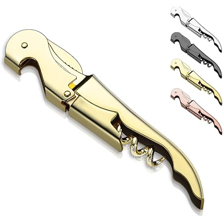Kyraton Waiter Corkscrew Wine Key Wine Opener with Foil Cutter,Stainless Steel Classic All-in-one Corkscrew Double Hinged Corkscrew Bottle Opener For Beer Bar Restaurant Waiters, Set For 1 (Gold)