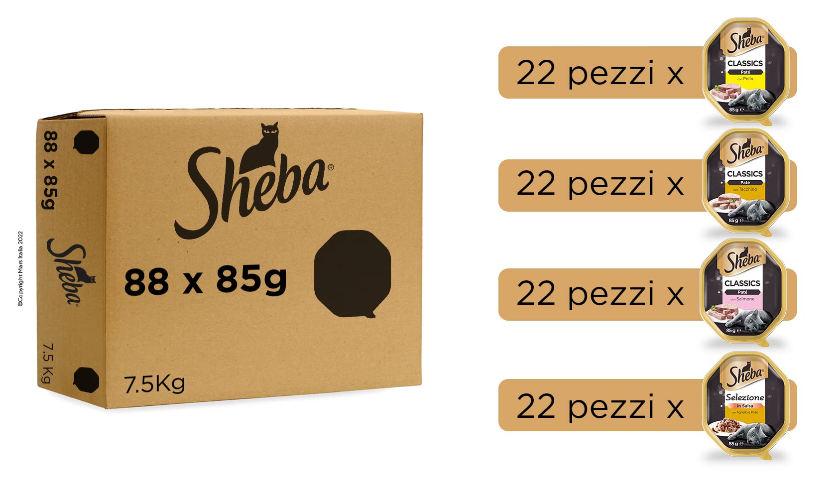 Sheba Selezione Assortita Mix di Vaschette al Gusto di Salmone, Pollo e Pollame, Cibo Umido per Gatti Adulti, 88 Vaschette Miste da 85 g