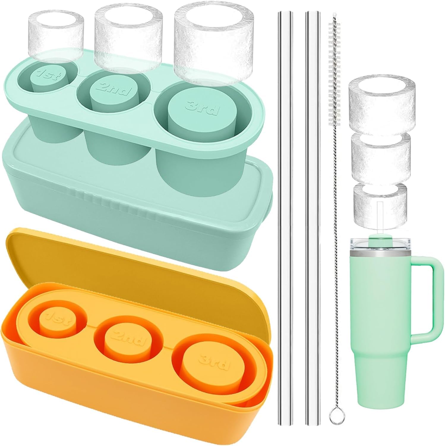 2 Pack Ice Cube Tray for 30Oz-40Oz Tumbler with Straws, 6 PCS Silicone Hollow Cylinder Large Ice Mold with Lid and Bin for Freezer, Ice Drink, Juice, Whiskey, Cocktail