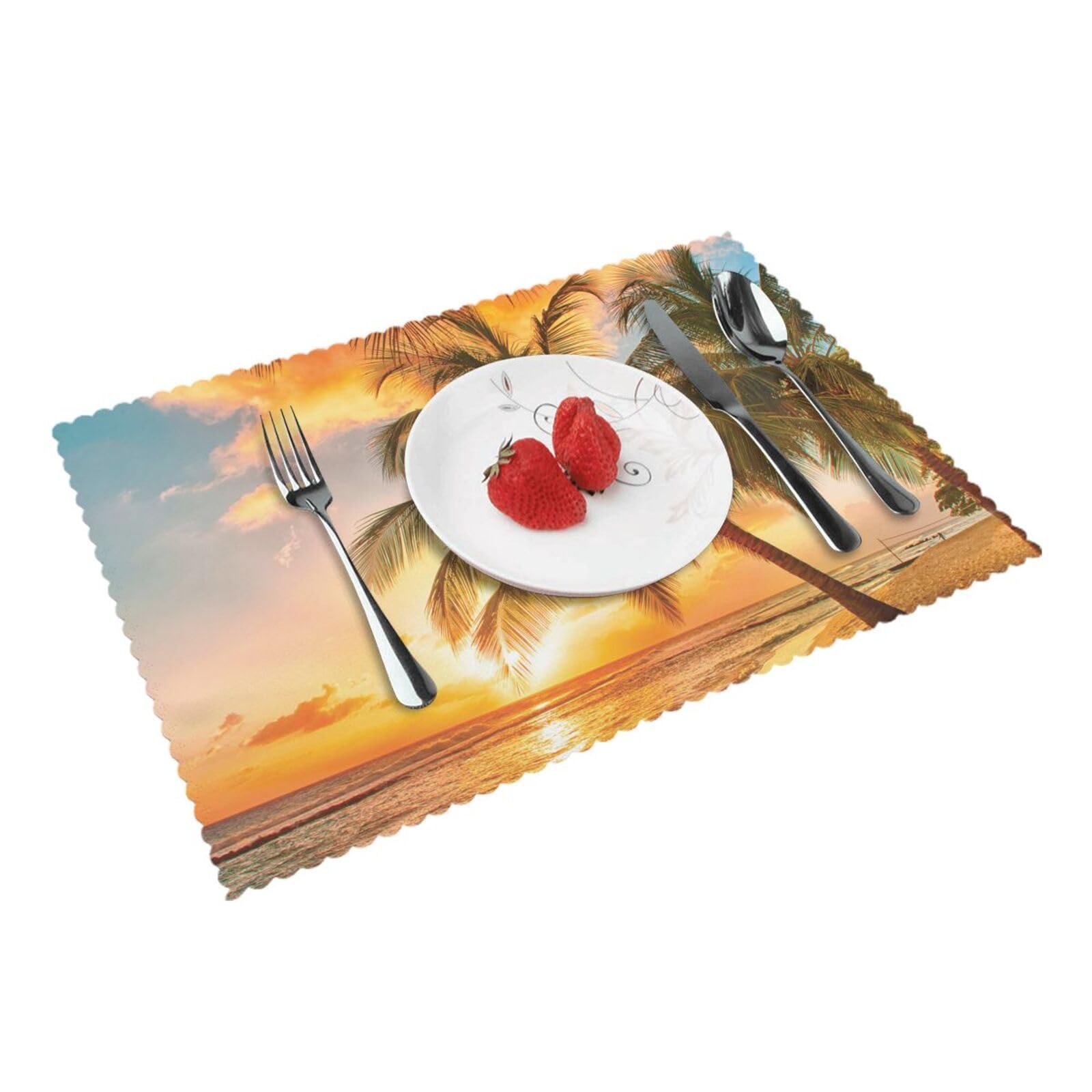 Tropical Beach Palm Tree Sunset Printed Placemats Set of 4 PCS Washable Placemat for Kitchen Table Heat-resistant Table Mats 45x30 CM
