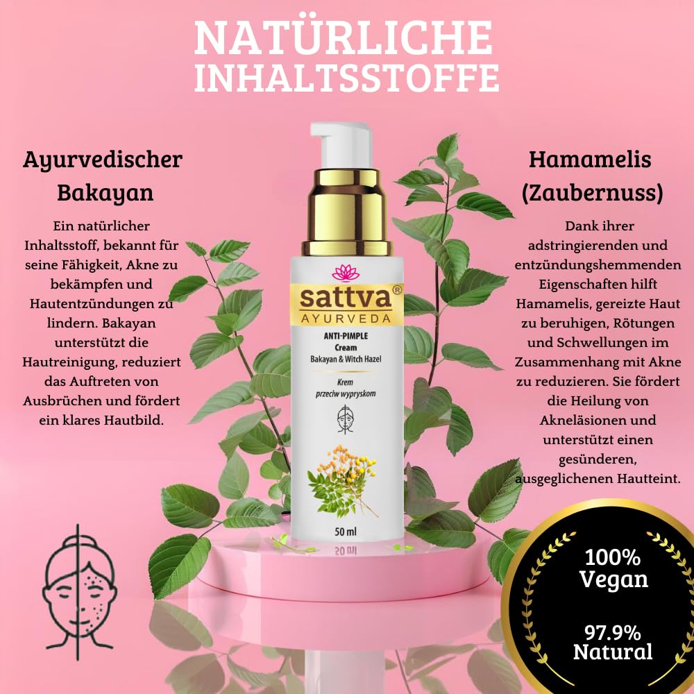 Sattva Anti-Pimple Cream Against Blemished Skin on the Face, Anti-Pimple Cream with Bakayan & Witch Hazel - Image 2