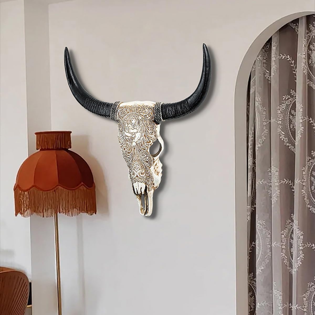 Cráneo de vaca sintética con cuernos largos, arte de resina para colgar en la pared, decoración de cabeza de taxidermia sintética, calaveras rústicas para bar, garaje o casa de campo