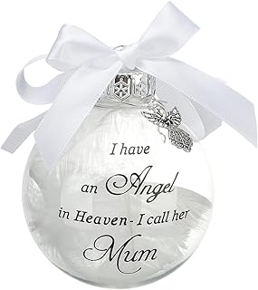 Christmas Memorial Baubles Ornaments Feather Ball “I Have an Angel in Heaven” With Small Angel Christmas Bauble Ornament, Mum Dad Hanging Decoration