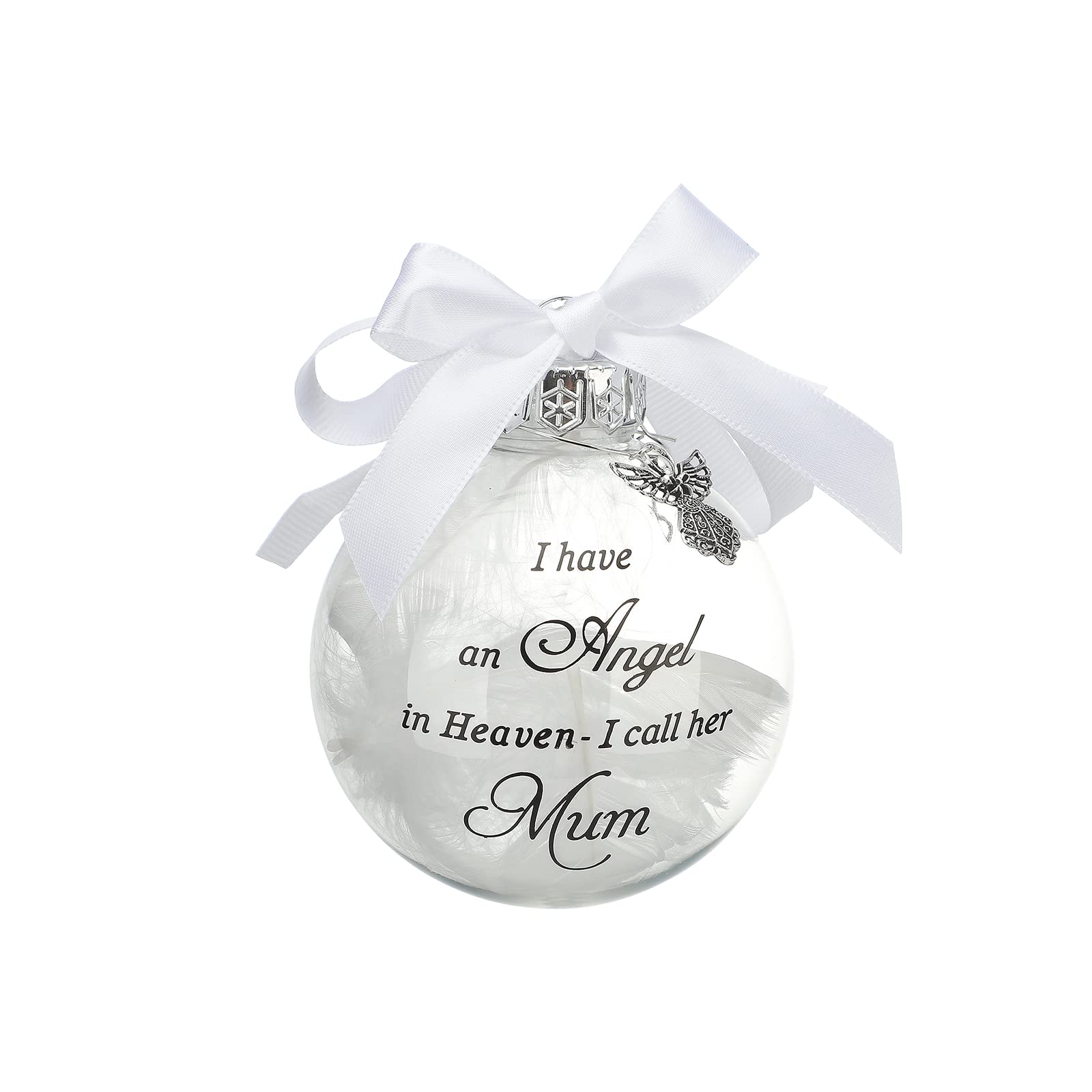 Christmas Memorial Baubles Ornaments Feather Ball “I Have an Angel in Heaven” With Small Angel Christmas Bauble Ornament, Mum Dad Hanging Decoration