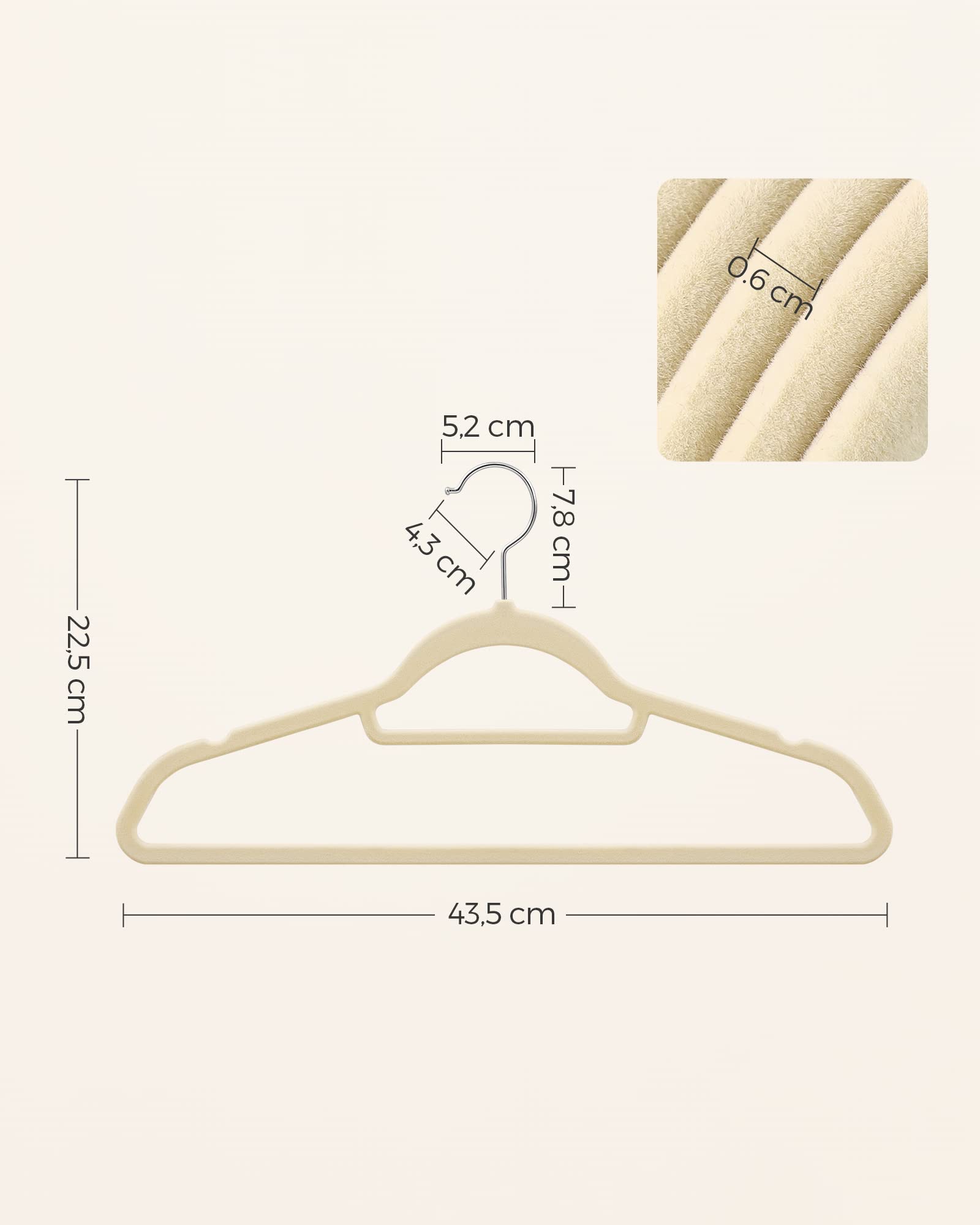 SONGMICS Wieszak welurowy, zestaw 20 sztuk, antypoślizgowy, krawat, haczyk obrotowy 360°, grubość 0,6 cm, długość 43,5 cm, do płaszcza, sukienki, spodni, beżowy i srebrny CRF020M20