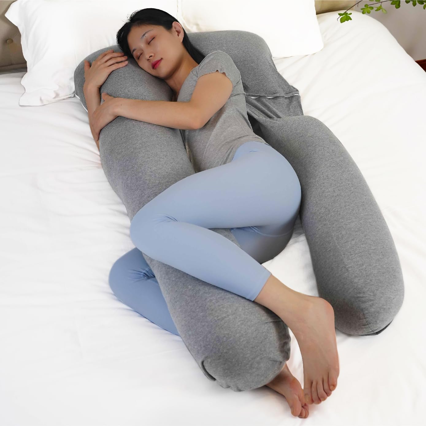 The Moon brandOrganic UShaped Maternity Pillow with Detachable Back Support- Sleeping Support - LumpFree Filling - Full Body, Back, Hips, Legs, Belly - Washable Cover– 135x70cm-Light Grey
