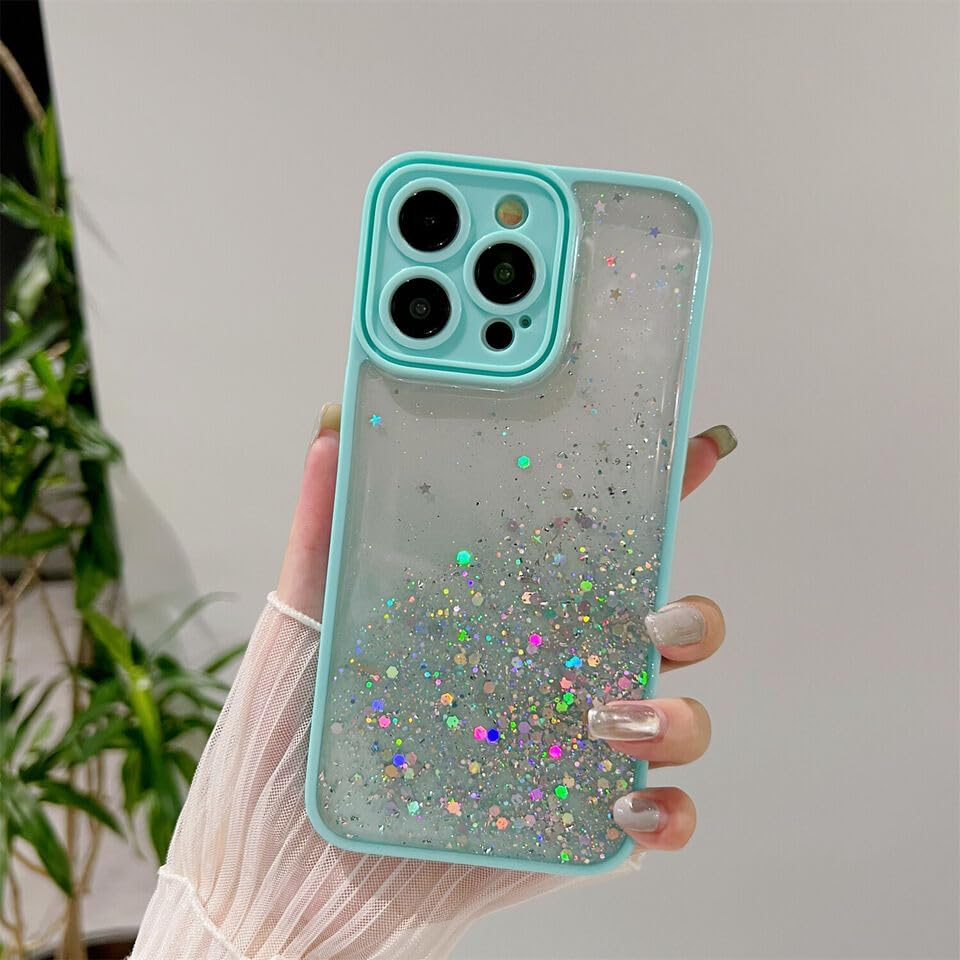 Image of DIZORO Back Cover Compatible for iPhone 15 Pro (6.1 inch), Non Moving Bling Glitter Cover for Girls & Women Soft TPU Shockproof Anti Scratch Drop Protection Covers (Mint Green)