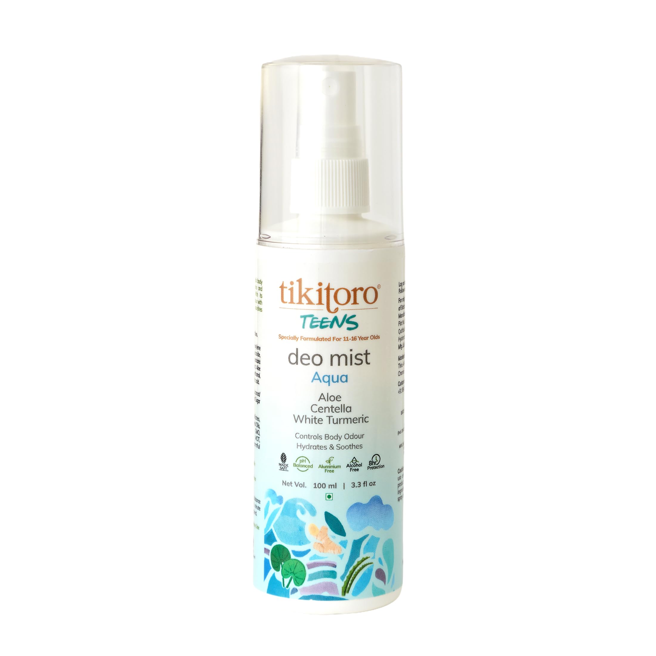Tikitoro Teens Deo Mist Aqua with White Turmeric, Aloe & Centella | Alcohol-Free Deodorant for Teens | 8 Hr Odour Control | Aluminium-Free, Water-Based Deo Mist for Girls & Boys (Age: 11+) (100ml x 1)-image-4