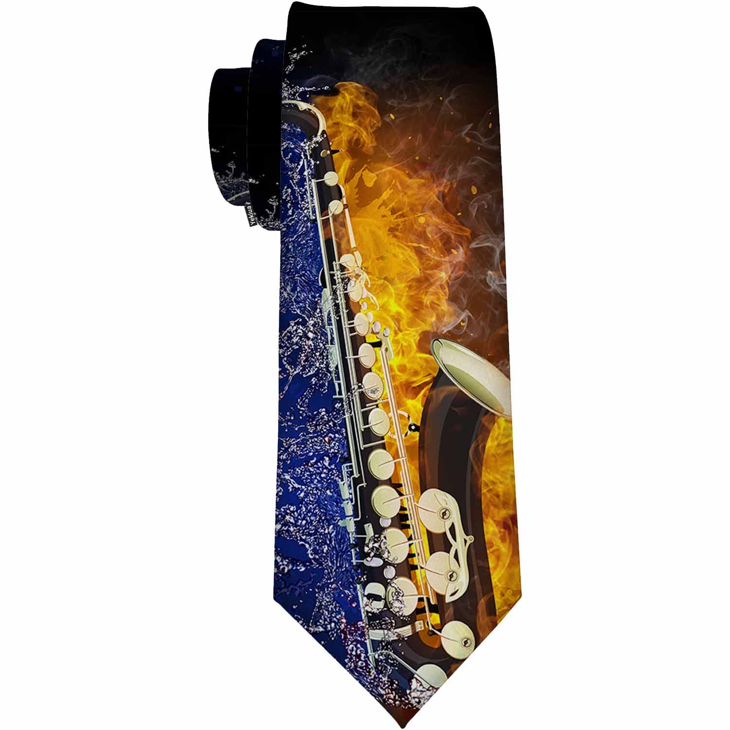 Yekiua Saxophone Men's Tie Jazz Saxophone In Fire Water Formal Business Wedding Neckties Ties For Men Black, Saxophone, One size