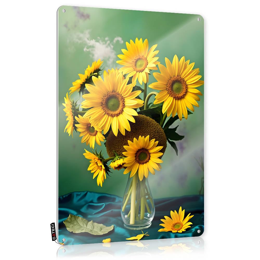 Fzfn Men's Colour Cool Nice Vintage Wall Decor | Sunflower Bouquet In Glass Vase On Green Background Preppy Decorative Wall Art Ready To Hang For Camper(30X40cm)