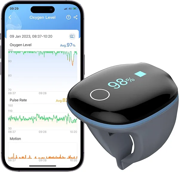 Wellue O2Ring Oxygen Monitor with Vibration Reminder -Bluetooth O2 Pulse Oximeter Rechargeable, Continuous Recording of SpO2 & PR, Blood Oxygen Saturation Tracker with Free APP & PC Reports